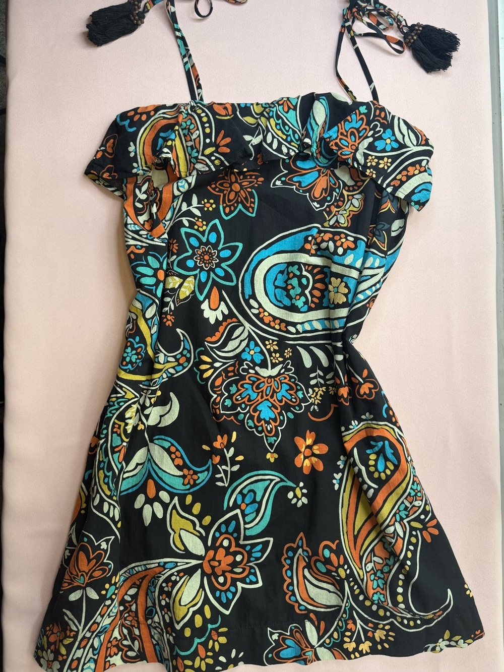 Pinch - NWOT Black Cotton Mini-Dress with Turquoise & Orange Paisley - Size S